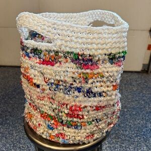 Handmade from repurposed plastic bags crocheted shopping basket laundry tote